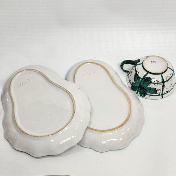 HAND PAINTED Green Floral Majolica Pottery Snack Set Made in Italy - Picture 7 of 13